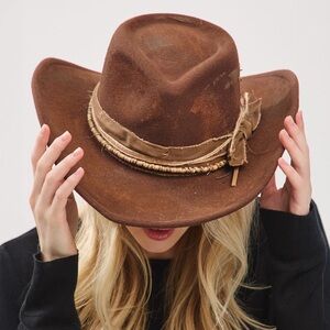 Brown Vintage Inspired Distressed Fabric Band Rustic Western Fedora Hat